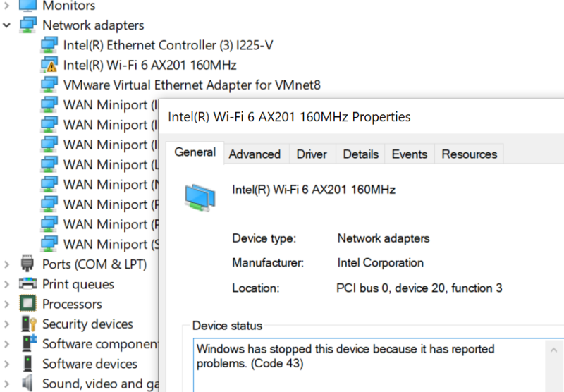 Intel(R) Wi-Fi 6 AX201网卡 错误10 或 43 黄色感叹号 无法启动的解决方法